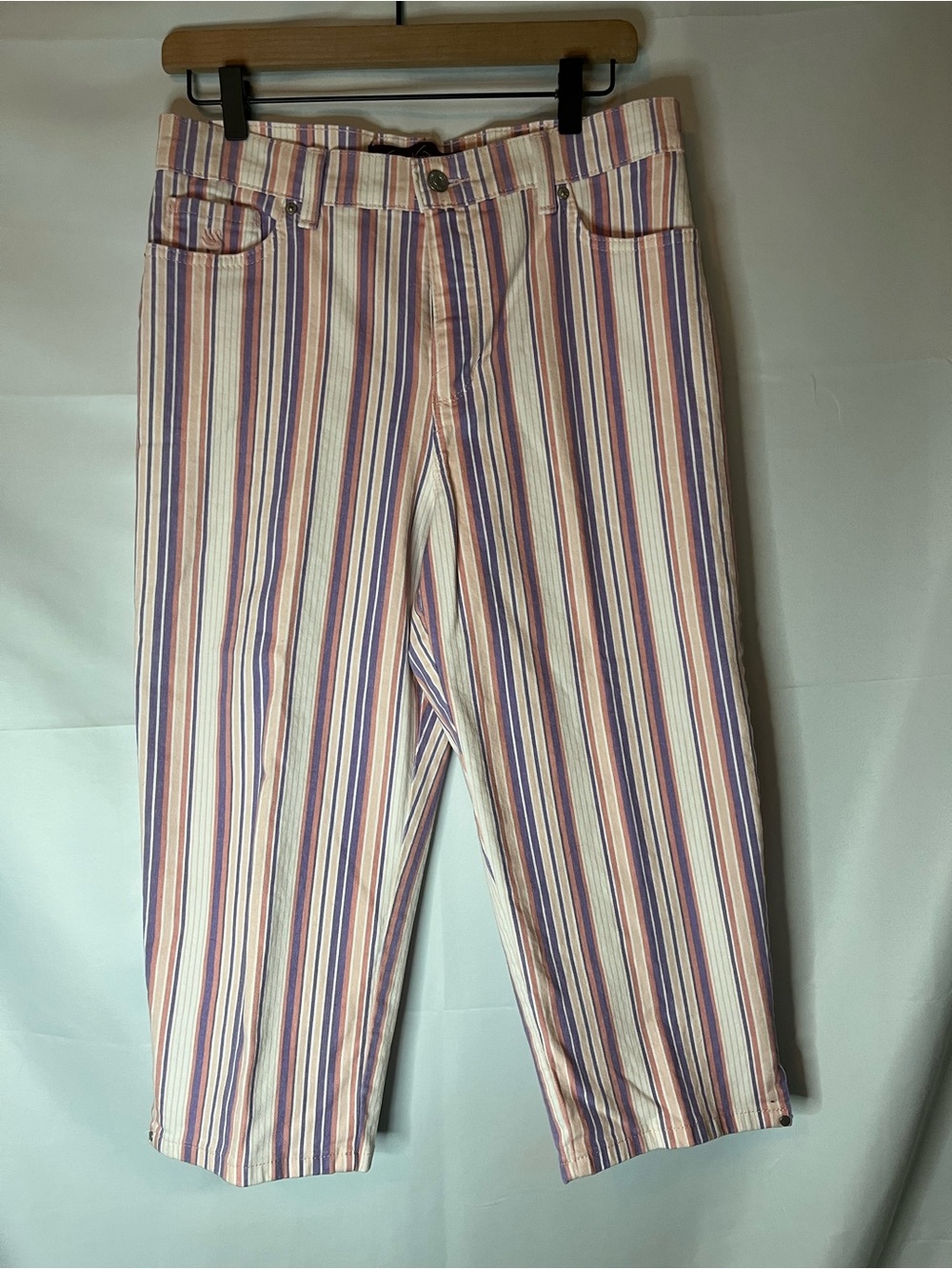 Gloria Vanderbilt Vertical Stripe Capri Pants in Cream, Purple & Pink